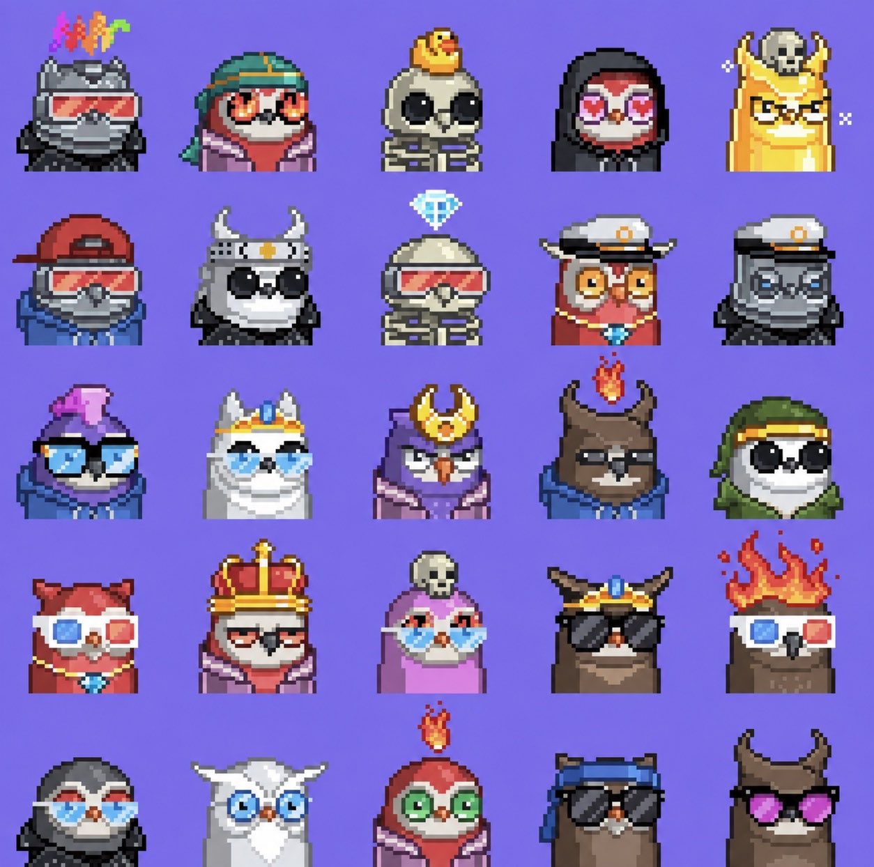 25 colorful pixel-art Inkbirds, wearing crowns, sunglasses, hats and hoodies